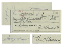 Moe Howard Check Signed, and Then Endorsed by Larry Fine on Verso -- Dated 4 June 1961 to the Hotel Knickerbocker -- Standard Check Size -- Very Good Condition